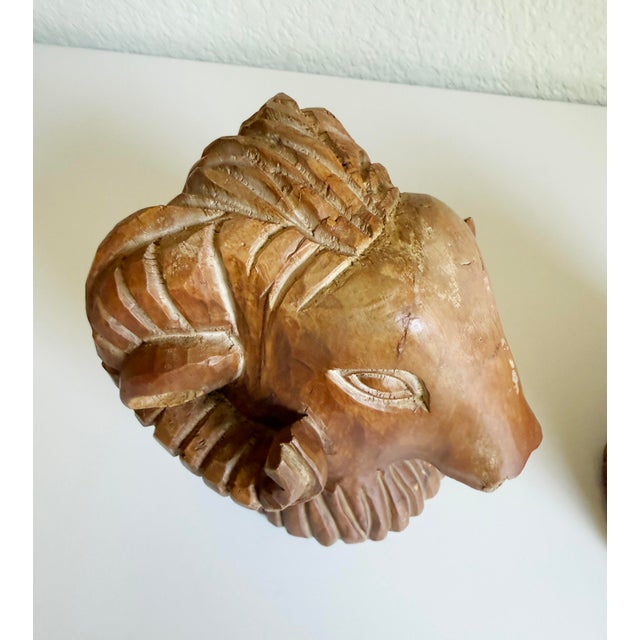 Figurative Carved Wood Rams Head Bookends by Sarreid Spain 1970s - A Pair For Sale - Image 3 of 13