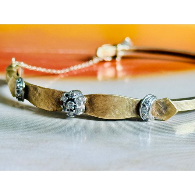 Mid Century 18k Yellow Gold Florentine Finish Diamond and Crescent Bangle Bracelet For Sale - Image 13 of 15