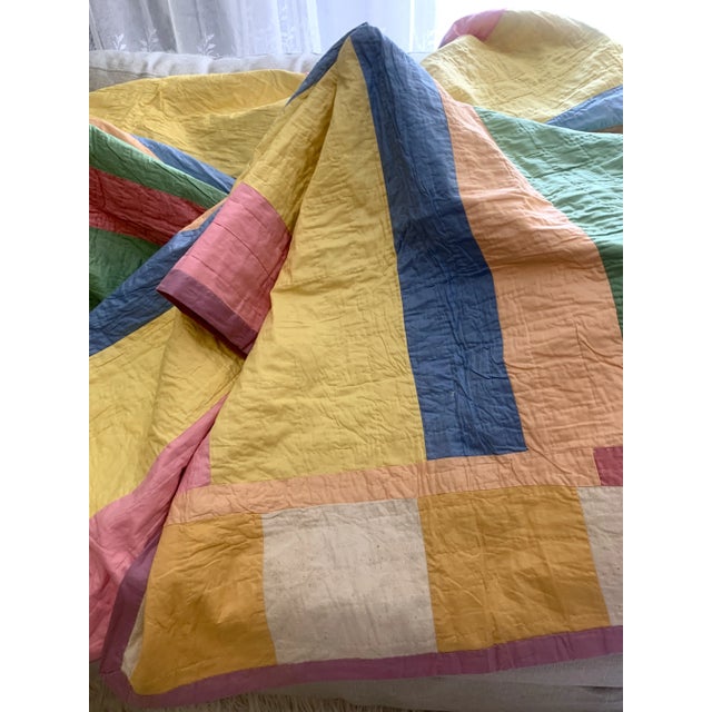 Textile Vintage Hand Stitched Multicolor Square Patches Quilt 89” X 81” For Sale - Image 7 of 12