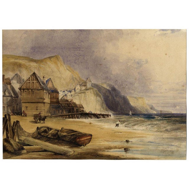 An original mid-19th-century watercolour painting Fishing Nets on Beach, Possibly Brittany.A beautiful marine watercolour....