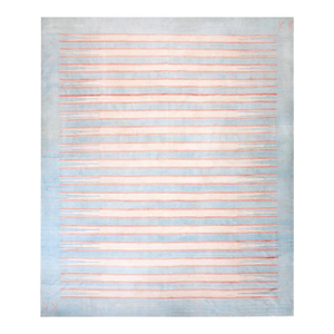 Splendid Sky Blue Ground Color & Narrow Horizontal Line Pattern Antique Indian Cotton Dhurrie Rug