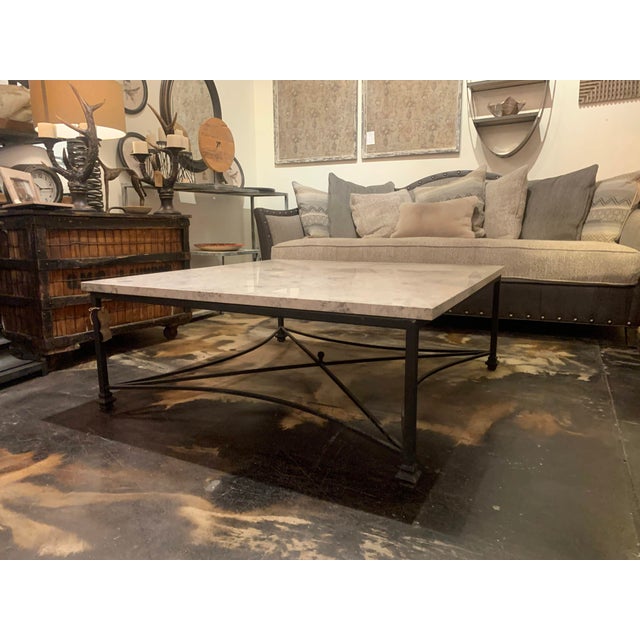 Bella Gray Stone Coffee Table With Flat Black Wrought Iron Base by Ella