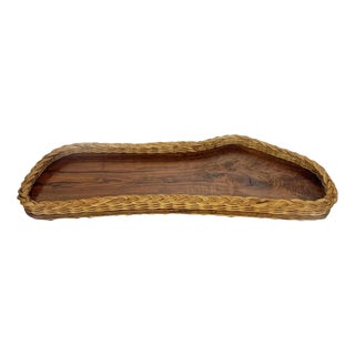 Vintage French Tray in Olive Wood and Rush, 1960 For Sale
