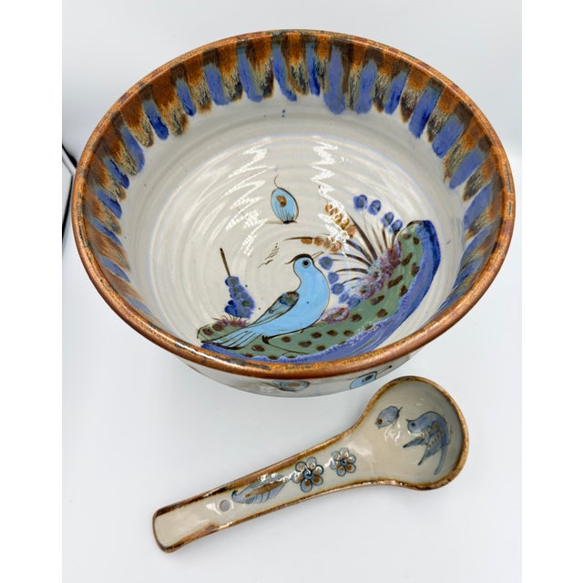 1950s Folk-Art Ken Edwards Palomar Tonala Pottery Hand Painted Punch Bowl W/Ladle For Sale In Palm Springs - Image 6 of 17