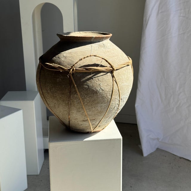 Large Grey and Brown Terracotta Pot with Rattan Handles and Crossbars, 1960s For Sale - Image 4 of 11