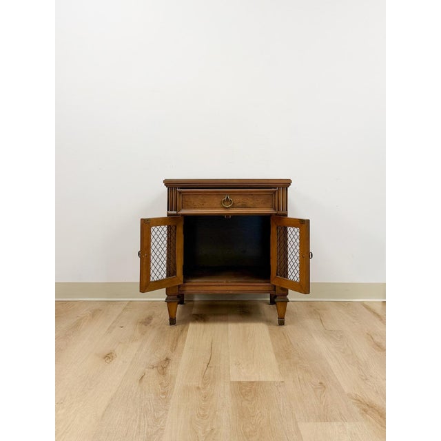 Brown MCM Transitional Nightstand With Iron Grate Doors Single Drawer Vintage Ornate For Sale - Image 8 of 10