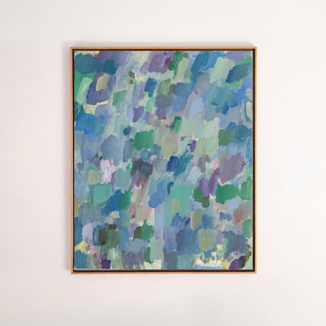 This abstract painting on wood panel has a soothing, dappled perspective and the ambiance of an English cottage. Artist...