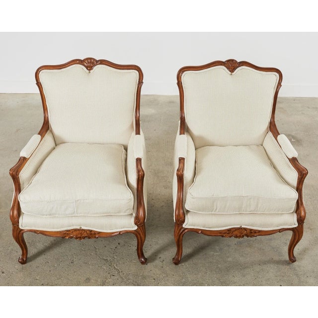 Cream Pair of Country French Provincial Walnut Carved Armchairs For Sale - Image 8 of 13