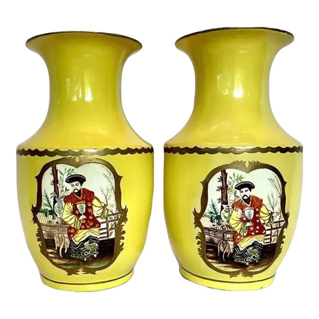 Pair of Vintage Maitland-Smith Hand Painted Lemon Yellow Asian Portrait Vases For Sale
