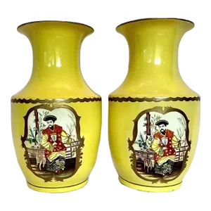 Pair of Vintage Maitland-Smith Hand Painted Lemon Yellow Asian Portrait Vases