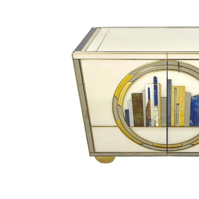 Italian Art Deco Style Cabinet / Server With New York Skyline Glass Decoration For Sale - Image 9 of 10