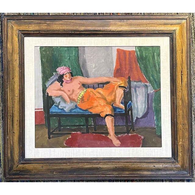 Painted in a brilliant palette of orange, deep red, sky blue and forest green, this scene of a half nude female figure...