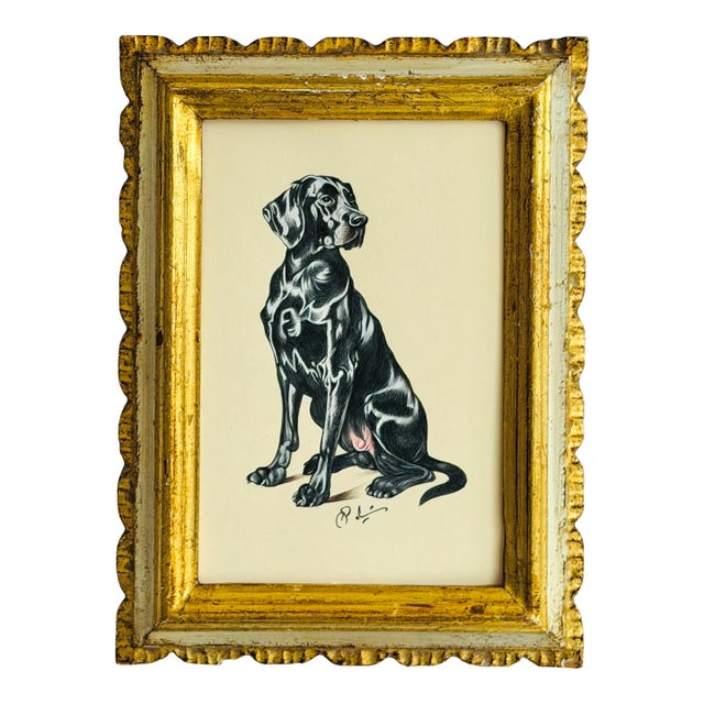 Original Hand-Painted Dog Painting, Framed in a Vintage Italian Frame For Sale