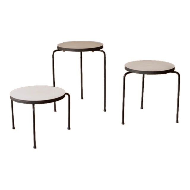 Set of Three Mid Century California Modern Nesting Round Tripod End Tables For Sale