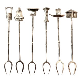 Sterling 950 Silver Cocktail Forks in Asian Theme Handle with Storage Case - Set of 6 For Sale