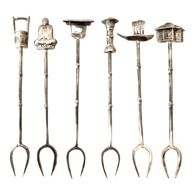 Sterling 950 Silver Cocktail Forks in Asian Theme Handle with Storage Case - Set of 6 For Sale