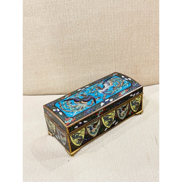 Exceptional Meiji Japanese Cloisonne Enamel Phoenix Dragon Box Signed Inaba For Sale - Image 4 of 15