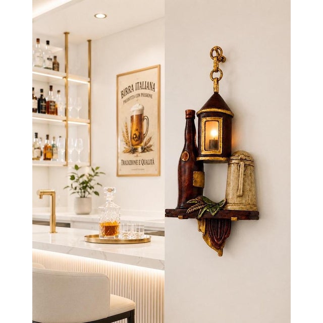 Italian Murano Glass Beer Lantern Wall Light in Hand-Carved Wood, 1970s For Sale - Image 4 of 18