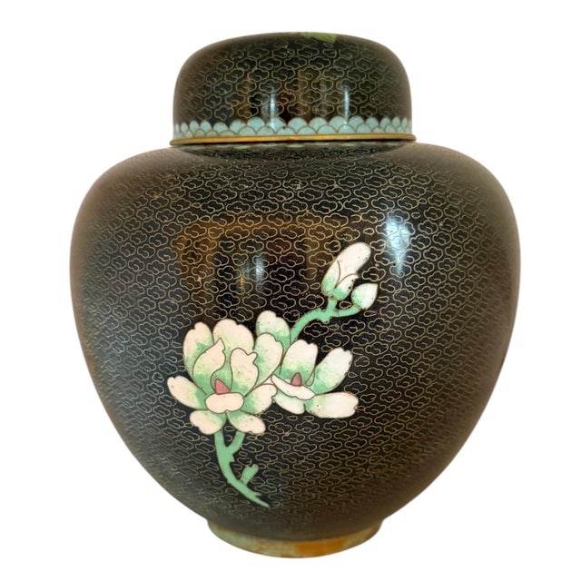 Mid 20th Century Chinese Black Cloissone 8” Lidded Ginger Jar With Colorful Peony Motif For Sale - Image 4 of 12