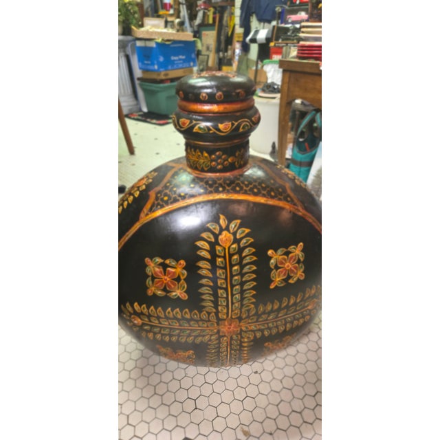 Vintage Hand-Painted Blackware Pottery Bottle Vase With Floral Folk Art Motif For Sale - Image 10 of 18