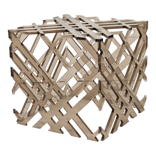 Mid 20th Century Smoke Grey Lucite Lattice Worked Cube Ottoman or Accent Table For Sale