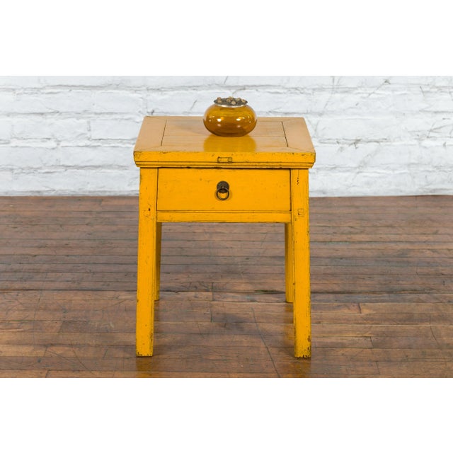 Vintage Chinese Distressed Finish Yellow Lacquer 1-Drawer Side Table For Sale - Image 9 of 13