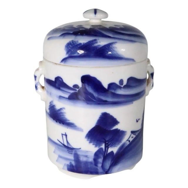Early 20th Century Blue and White Tea Canister Ginger Jar For Sale