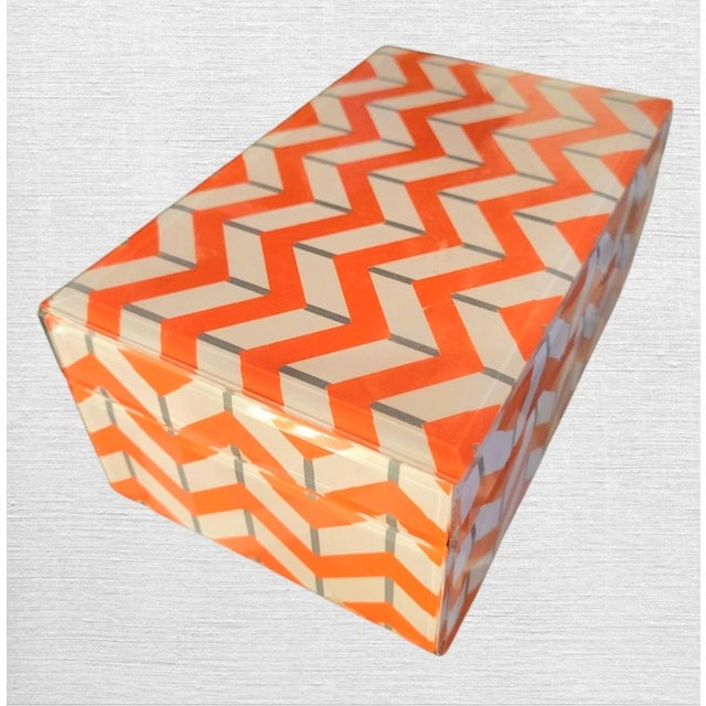 Hollywood Regency Glass Orange White Chevron Jewelry Storage Box Holder For Sale - Image 3 of 6