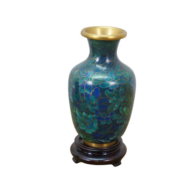 Vintage Chinese cloisonné enamel baluster bud vases and ashtray featuring turquoise / cobalt blue and green floral...