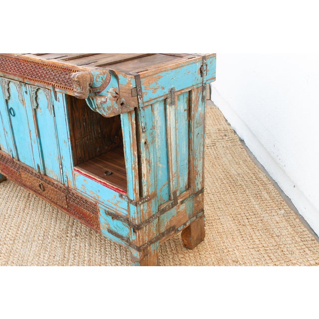 Antique Turquoise Blue Damachiya Cabinet For Sale In Los Angeles - Image 6 of 18
