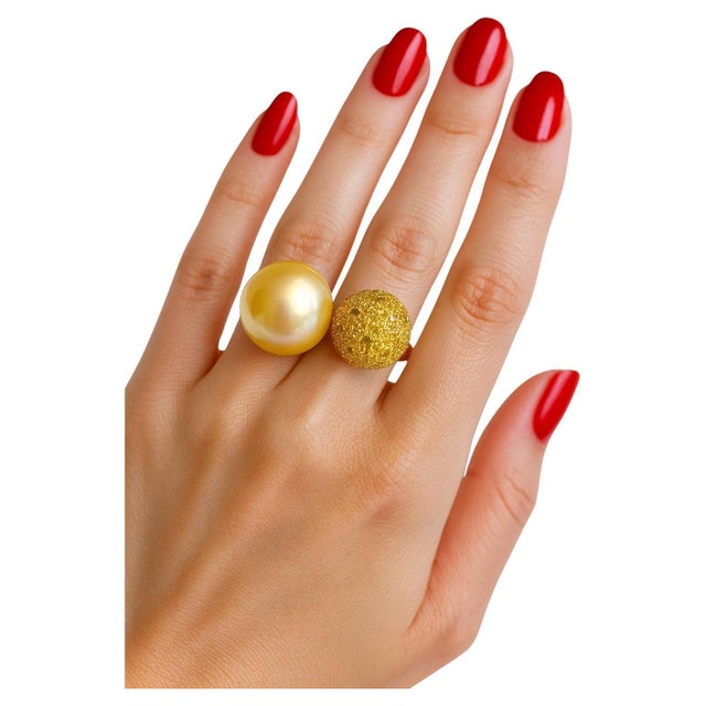 Yellow Bochic “Orient” Vintage South Sea Pearl & Sapphire Ring Set 18K Gold & Silver For Sale - Image 8 of 9