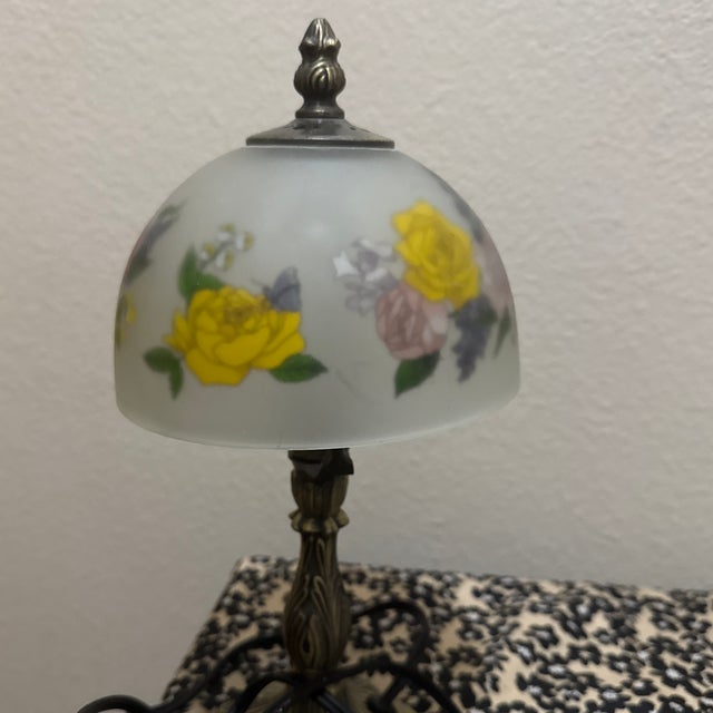 Glass Vintage Shanghai Union Arts & Craft Co. Reverse Painted Floral Table Lamp With Frosted Glass Shade For Sale - Image 7 of 7