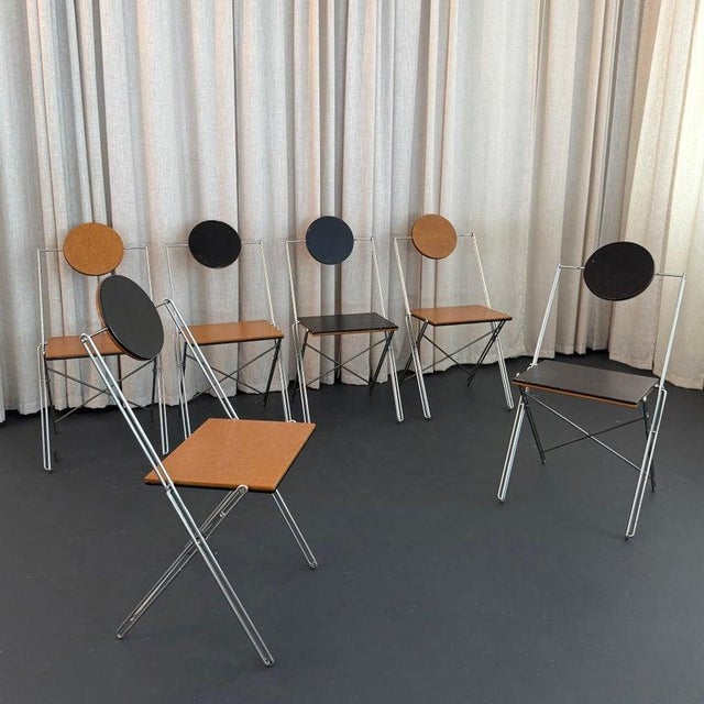 Chrome Set of Six Post-Modern r.j.c. Reversible Folding Chairs by René-Jean Caillette For Sale - Image 8 of 9