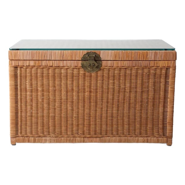 Vintage Rattan Trunk With Glass For Sale