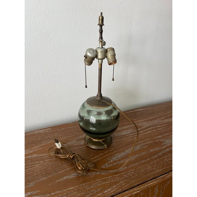 Petite 1930s Art Deco Smoke Blue-Green-Grey Art Glass Table Lamp With Patinated Metal Base For Sale - Image 11 of 11