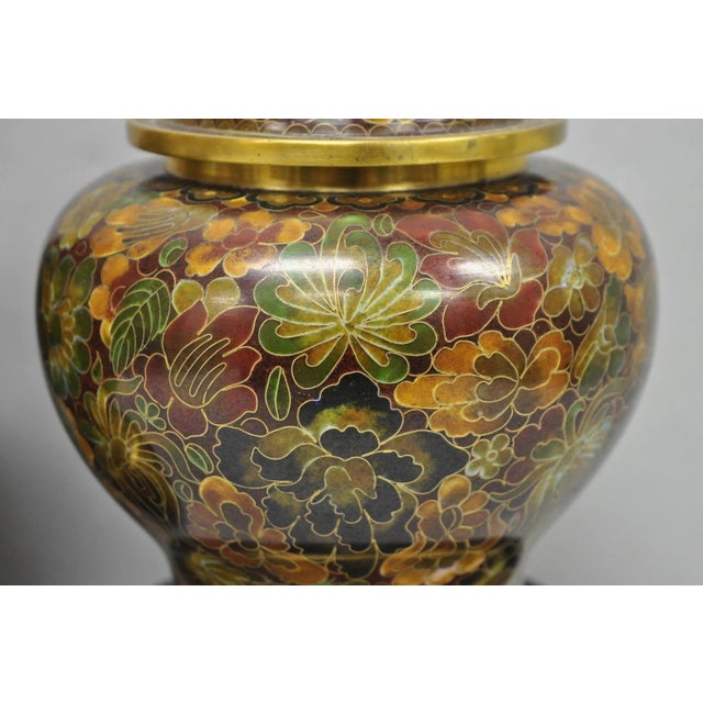 Vintage Cloisonné Chinese Small Enameled Brown Covered Ginger Jar on Stand, Pair For Sale In Philadelphia - Image 6 of 18
