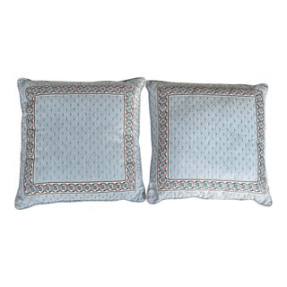 Pair of 1990s Light Blue Pillows With Coral and Blue Trim For Sale