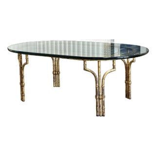 Late 20th Century Gold Gilt Faux Bamboo & Glass Oval Cocktail Table in Manner of Maison Bagues For Sale