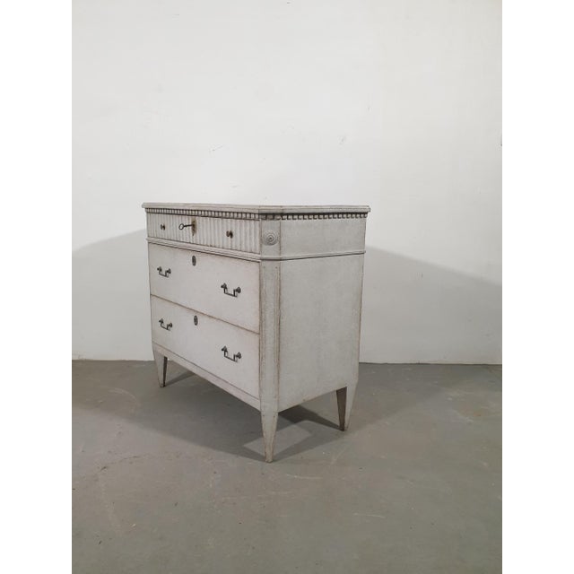 Wood Swedish Gustavian Style 1860s Gray Painted Three-Drawer Chest with Carved Drawer For Sale - Image 7 of 10