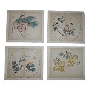 Vintage Signed Chinese Botanical Color Lithographs - Set of 4
