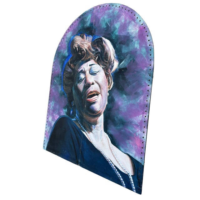 Large 10' foot tall artwork portrait of Ella Fitzgerald oil painted on a canvas fixed to a wood folding screen featuring...
