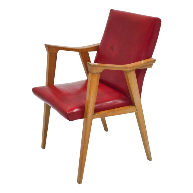 Vintage Armchair with Compass Legs in Beech and Vinyl, 1950s For Sale