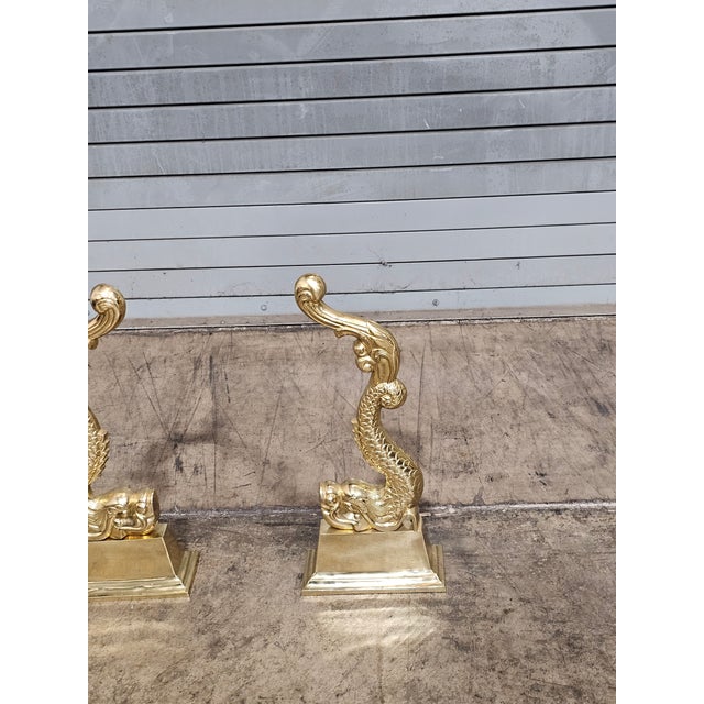 Virginia Metalcrafters Late 20th Century Virginia Metalcrafters Pair of Brass Dolphin Andirons For Sale - Image 4 of 13