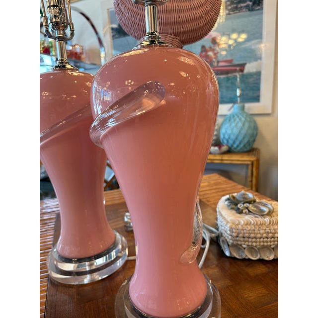 Murano Vintage Art Deco Murano Palm Beach Pink Glass Table Lamps Newly Wired For Sale - Image 4 of 12