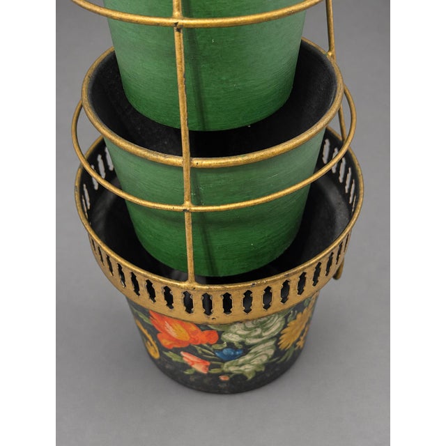 Metal French Style Tiered Toleware Jardinière With Floral and Gold Decoration For Sale - Image 7 of 7