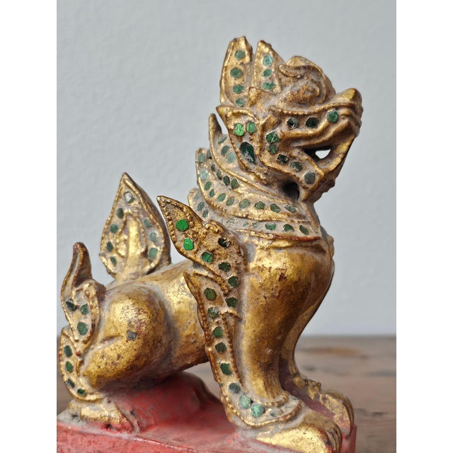 Antique Southeast Asian Burmese Glass Jewel Inlaid Qilin Foo Dog Lion Figure Carvings - a Pair For Sale - Image 9 of 12