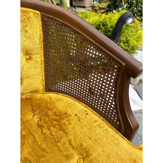 1960s Cane Tub Chair in Vibrant Marigold Slub Velvet - Rare Finished Seat Deck For Sale - Image 10 of 11