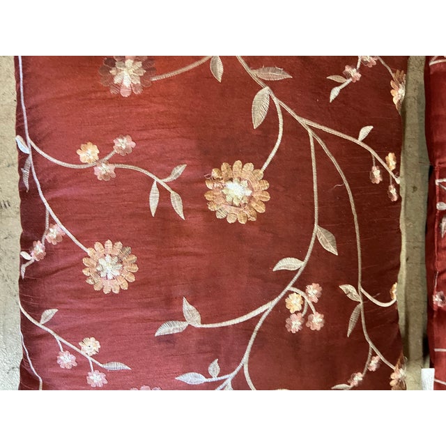 1980s Vintage Pair Rust Silk With Floral Embroidered Flowers Pillows -2 For Sale - Image 5 of 5