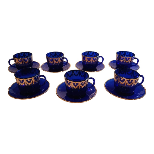 Set of Seven Cobalt Blue Glass Cups and Saucers For Sale