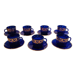Set of Seven Cobalt Blue Glass Cups and Saucers